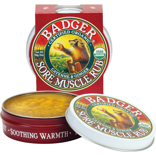 W.S. Badger Sore Muscle Rub, 2 oz, front of open tin