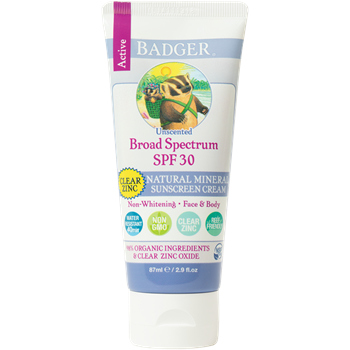 W.S. Badger SPF 30 Active Clear Zinc Sunscreen Cream, Unscented, 2.9 oz, front of tube