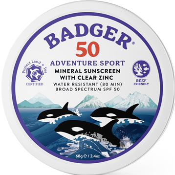W.S. Badger SPF 50 Adventure Sport Mineral Sunscreen, 2.4 oz, front of tin
