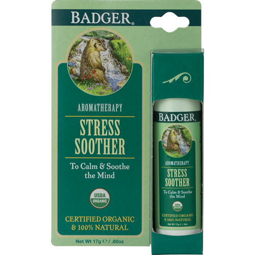 W.S. Badger Stress Soother Aromatherapy Stick, 0.6 oz, front of stick in package