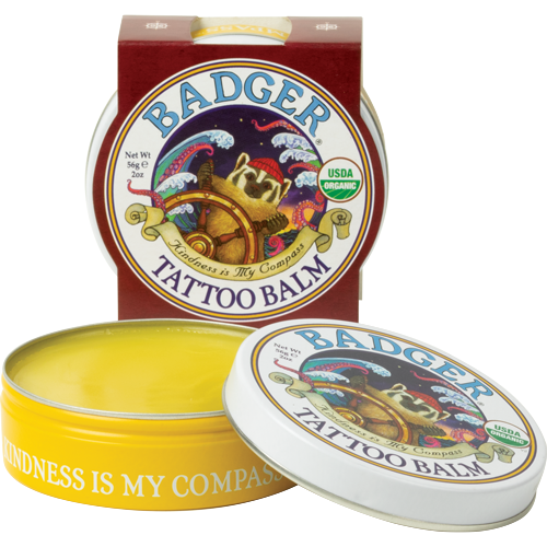 W.S. Badger Tattoo Balm, 2 oz, front of open tin