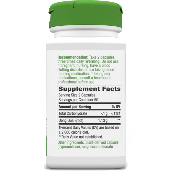 Dong Quai Root 100 caps by Nature's Way Supplement Facts Label