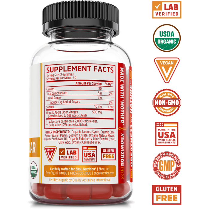 ZHOU Nutrition Apple Cider Vinegar 500 mg 60 gummies supplement facts label