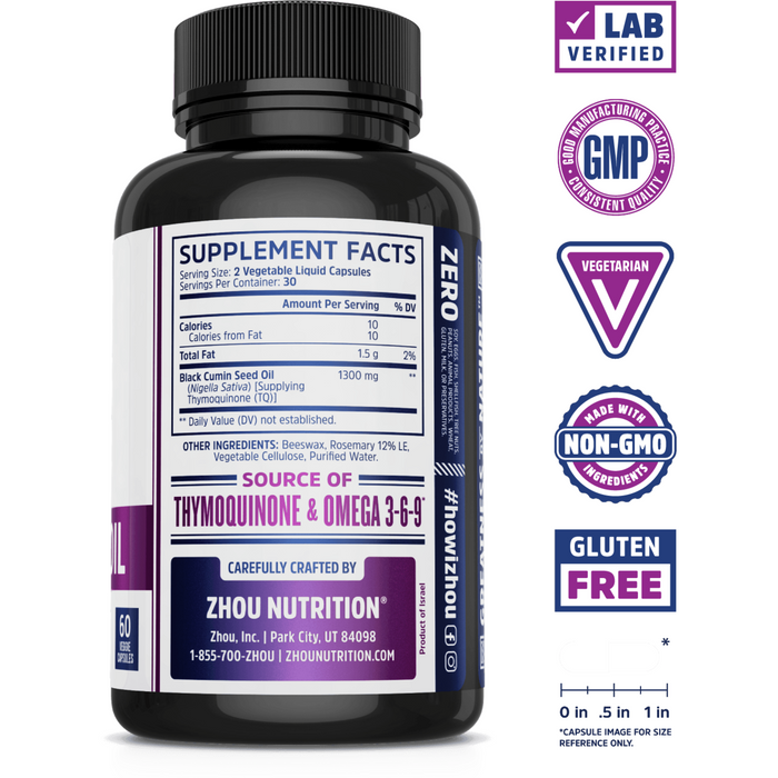 ZHOU Nutrition Black Seed Oil 1300 mg 60 capsules supplement facts label