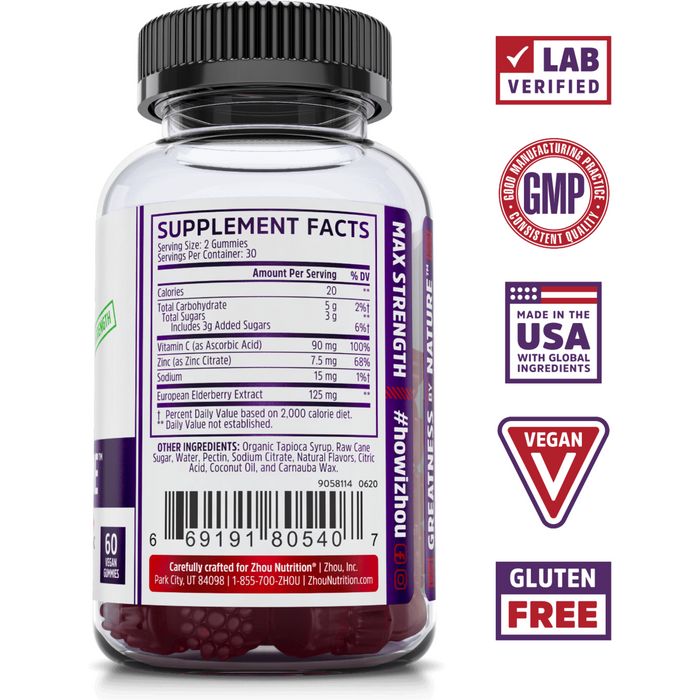 ZHOU Nutrition Elder-Mune Elderberry 60 gummies supplement facts label