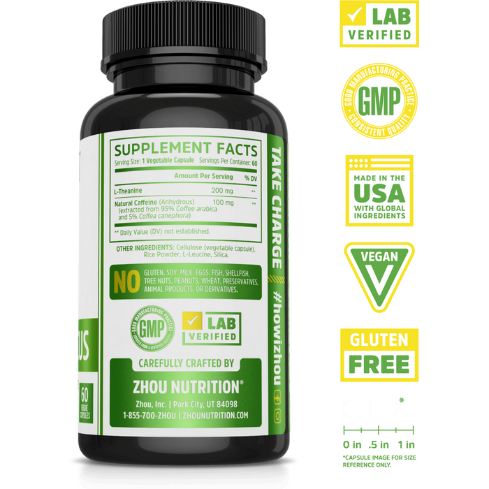 ZHOU Nutrition Energy + Focus 60 capsules supplement facts label