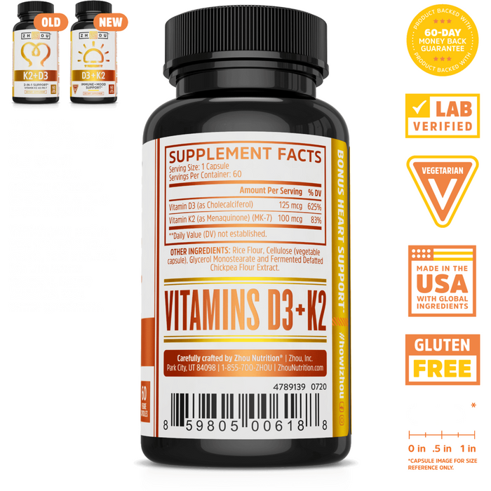 ZHOU Nutrition K2 + D3 60 capsules supplement facts label