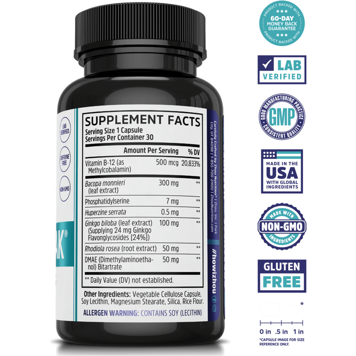 ZHOU Nutrition Neuro-Peak 30 capsules supplement facts label