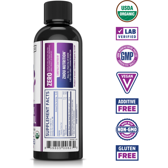 ZHOU Nutrition Organic Black Seed Oil 8 fl oz supplement facts label