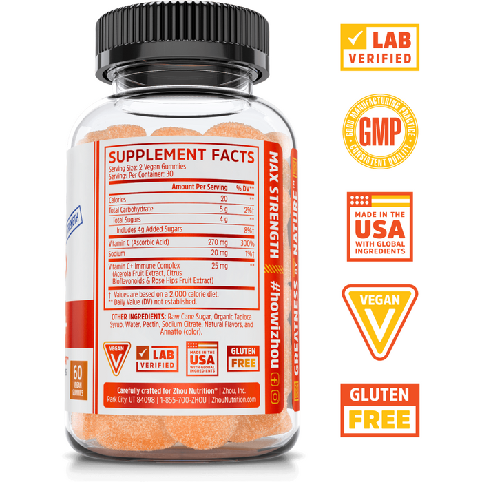 ZHOU Nutrition Vitamin C+ Gummies 60 gummies supplement facts label