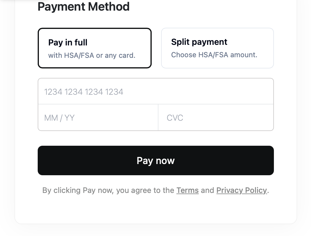 A payment screen with options to pay in full or split the payment across cards, card entry fields, and a Pay now button.