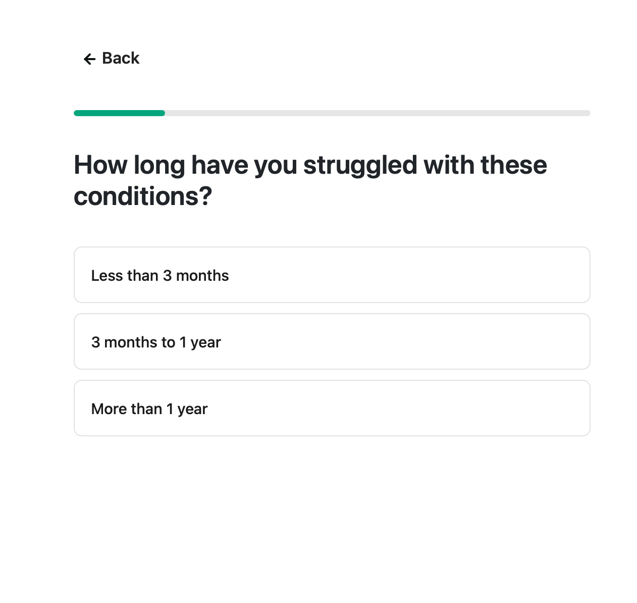 A real health-questionnaire screen shown during checkout, asking how long the shopper has had a qualifying condition.
